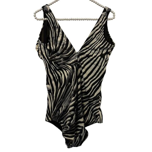 Gottex Swimsuit Womens Size 22 Black White Zebra Print One Piece Ruched Tank - Picture 2 of 11